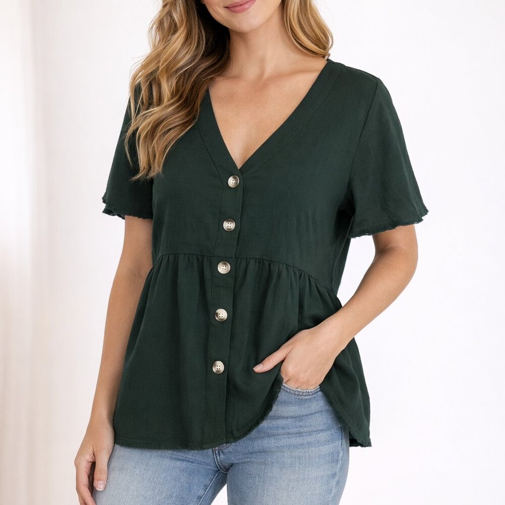 Hunter Green Lace Trim Blouse Medium Boho Flowy V Neck Button Front Cotton Top